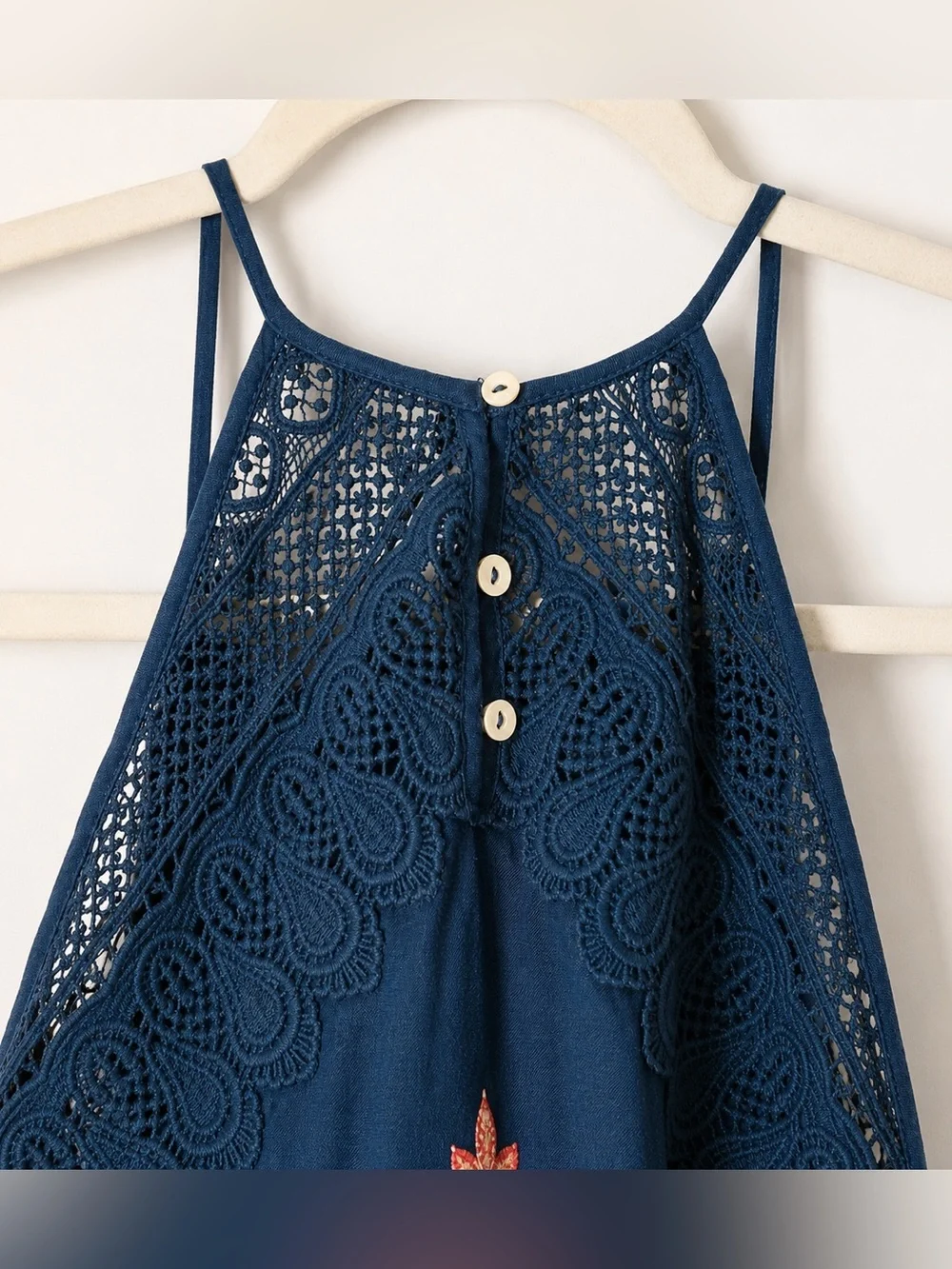 Free People Shea Halter Mini Dress Paisley Crochet Lace Navy Red‎ S Petite Boho - Picture 6 of 9
